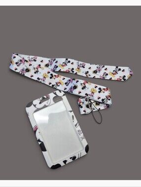 Mickey and Minnie Mouse ID badge holder set featuring matching printed lanyard